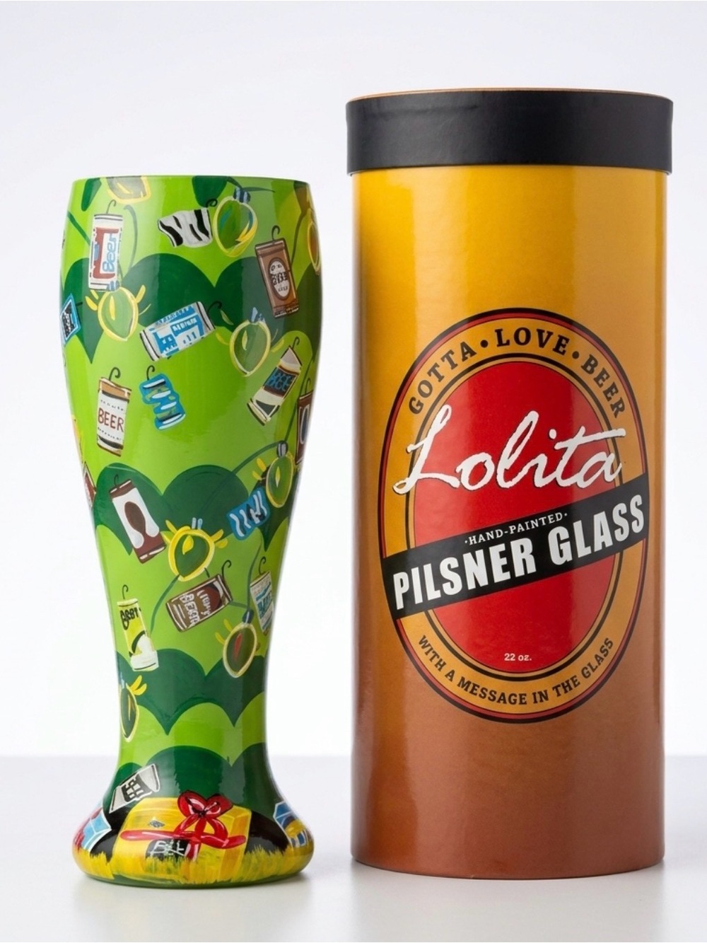 Lolita Green Hand-Painted Pilsner Glass with Christmas Lights/and beer. 2 avail.